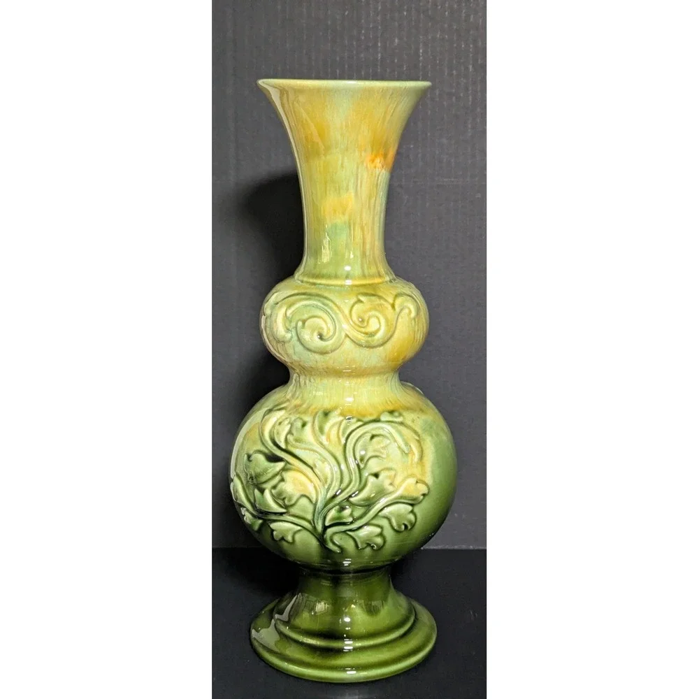 Vtg Haeger Baluster Vase Raised Acanthus Leaves Glossy Yellow & Green Drip Glaze